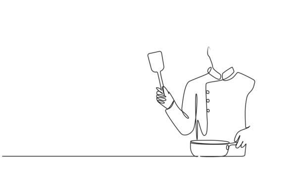 Animasi Gambar Garis Tunggal Dari Chef Dengan Panci Goreng Dan — Stok Video