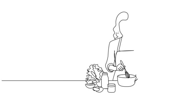 Animasi Gambar Garis Tunggal Wanita Yang Sedang Menyiapkan Makanan Dapur — Stok Video