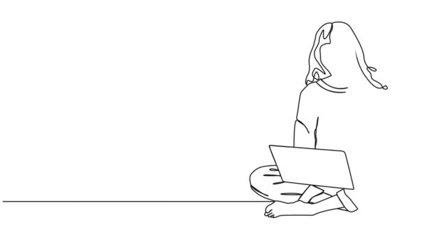 Анимированный Непрерывный Рисунок Одной Линии Женщины Сидящей Скрестив Ноги Полу — стоковое видео