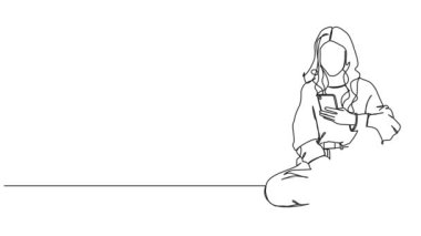 Animasyonlu tek sıra halinde genç bir kadının akıllı telefon kullanarak yerde oturduğu çizimler.