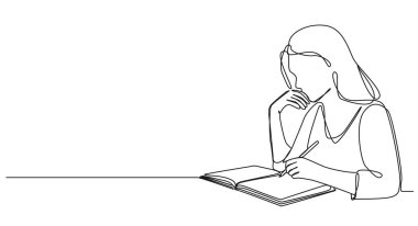 Günlüğe, çizgi çizimine resim çizimi yapan tek satırlı kadın çizimi