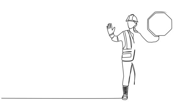 Dur Işareti Çizgi Sanatı Animasyonu Olan Kadın Yol Işçisinin Sürekli — Stok video