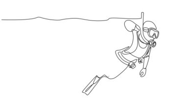 Scuba dalgıcının sürekli tek çizgi çizimi, çizgi sanat animasyonu