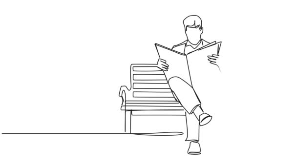 Анимированный Непрерывный Однострочный Рисунок Человека Скамейке Чтения Газеты Линейная Художественная — стоковое видео