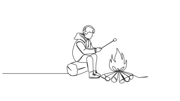 两个男孩子在篝火上烤棉花糖的动画连续单行绘图 线画动画 — 图库视频影像