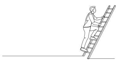 Bir adamın merdivene tırmandığı sürekli tek bir çizgi çizimi, çizgili sanat vektörü çizimi
