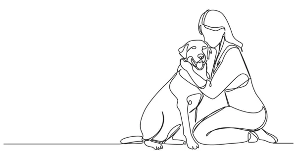 彼女の犬を抱擁する床にひざまずく女性の連続的なシングルライン図 ラインアートベクターのイラスト — ストックベクタ