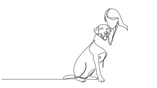 Animált Folyamatos Egyvonalas Rajz Térdelő Padlón Ölelés Kutyája Line Art — Stock videók