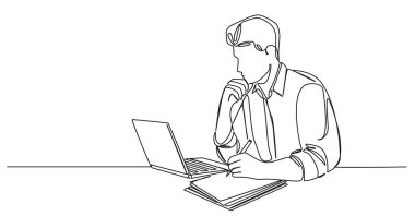 Dizüstü bilgisayar kullanarak kağıt beyazı üzerine notlar alan adamın sürekli tek çizgi çizimi, çizgi sanat vektörü illüstrasyonu