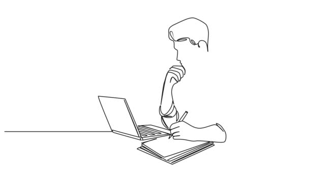 Анимированный Непрерывный Однолинейный Рисунок Человека Делающий Заметки Бумаге Белого Цвета — стоковое видео
