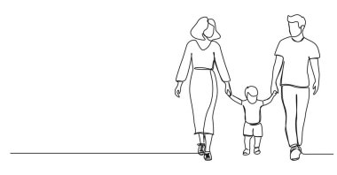 Anne ve babanın el ele yürüdükleri tek bir çizgi çizimi. Çizgi çizimi.
