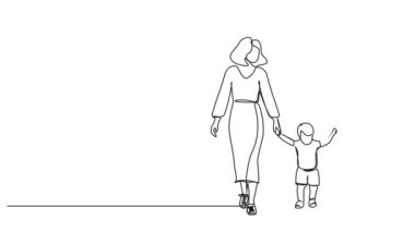 Animasyonlu tek çizgi halinde anne ve baba el ele yürüyorlar, çizgi çizimleri çiziyorlar.