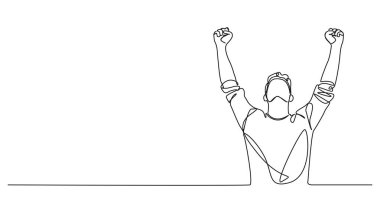 Kollarını kaldırmış tezahürat yapan adamın çizdiği tek çizgi çizimi.