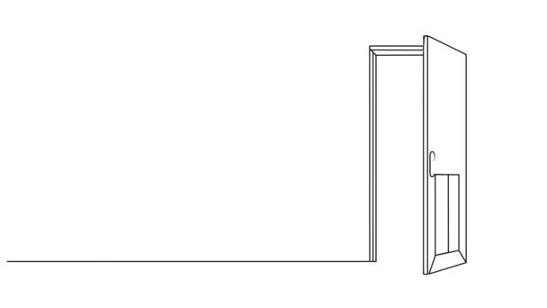 Анимированный Непрерывный Рисунок Одной Линии Открытой Двери Анимация Линейного Искусства — стоковое видео