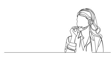 Çağrı sırasında kulaklık takan kadın çağrı merkezi ajanının aralıksız çizimi.