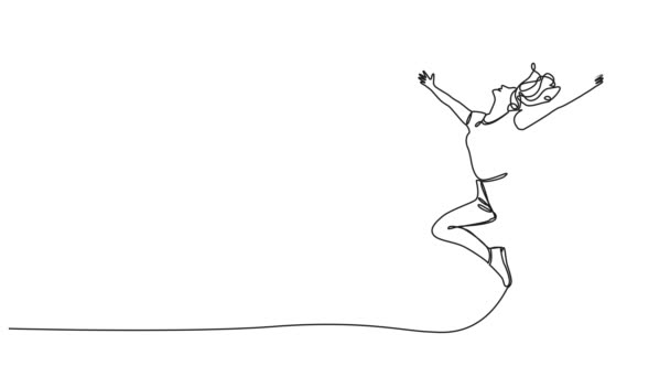 Animated Continuous Single Line Drawing Joyful Woman Jumping Air Line — Stock Video