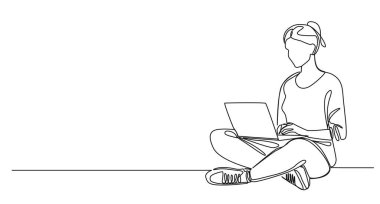 Dizüstü bilgisayar ve çizgi çizimi kullanarak yerde oturan bir kadının sürekli çizimi.