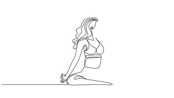 Dibujo Animado Continuo Una Sola Línea Mujer Forma Meditando Suelo Clip De Vídeo