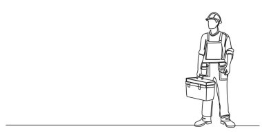 Alet çantası taşıyan inşaat işçilerinin aralıksız tek çizgi çizimi, çizgi çizimi resim çizimi