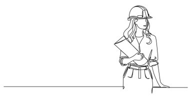 Kadın mimar ya da mühendisin inşaat planlarını içeren sürekli tek çizgi çizimi, çizgi sanat vektörü çizimi