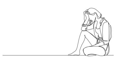 Stresli kadının başını tutarak yerde oturduğu tek çizgi çizimi. Çizgi çizimi.