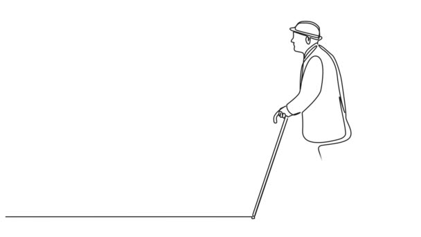 Animált Folyamatos Egyvonalas Rajz Sétáló Idős Emberről Bottal Line Art — Stock videók