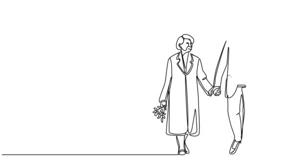 Yaşlı Bir Çiftin Ele Yürüdüğü Tek Çizgi Halinde Animasyon Çizimi — Stok video