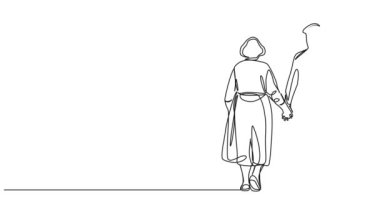 Yaşlı bir çiftin el ele yürüdüğü tek çizgi halinde animasyon çizimi.