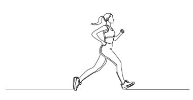 Atletik kadın koşularının aralıksız tek çizgi çizimi, çizgi sanat vektörü çizimi