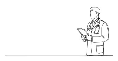 Sürekli steteskop tutan bir tıp doktoru çizimi. Çizgi çizimi, sanat vektörü çizimi.