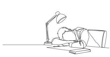 Ofis masasında uyuyan aşırı çalışan adamın sürekli çizimi, çizgi çizimi sanat vektörü çizimi