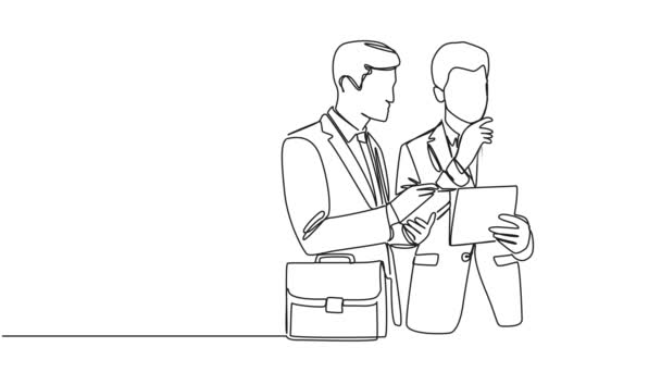 Desenho Linha Única Contínua Animado Dois Homens Negócios Empresária Falando — Vídeo de Stock