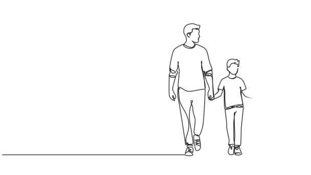 Анимированный Непрерывный Однострочный Рисунок Родителей Сына Идущих Рука Руку Линия — стоковое видео