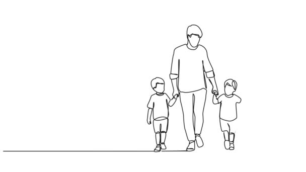 Анимационный Непрерывный Рисунок Одной Линии Родителей Двумя Маленькими Мальчиками Идущими — стоковое видео