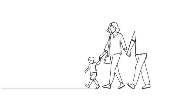 Animasyonlu Tek Çizgi Halinde Ebeveynlerin Iki Çocuğu Ele Yürürken Çizimleri — Stok video