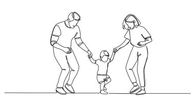 Sürekli mutlu ebeveynlerin yürümeye başlayan çocuklarıyla eğlendiği çizgi çizimleri, çizgi çizimleri, sanat vektörü çizimleri