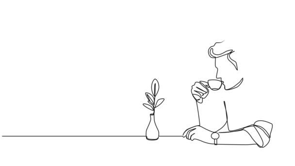 Анимированный Непрерывный Рисунок Одной Линии Человека Пить Чашку Кофе Эспрессо — стоковое видео