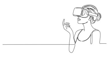 Sürekli VR kulaklık takan bir kadın çizimi çizimi, çizgili sanat vektörü çizimi