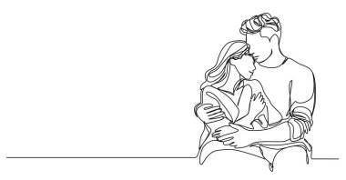 Erkek ve kadının birbirini nazikçe kucakladığı tek çizgi çizimi, çizgi sanat vektörü illüstrasyonu