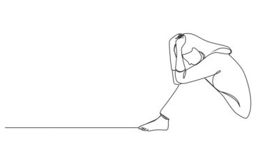 Animasyonlu, sürekli, üzgün bir şekilde yerde oturmuş, başını tutarak resim çizen bir kadın.