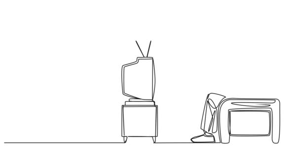 Анимированный Непрерывный Однострочный Рисунок Пожилого Человека Смотрящего Шоу Старом Телевизоре — стоковое видео