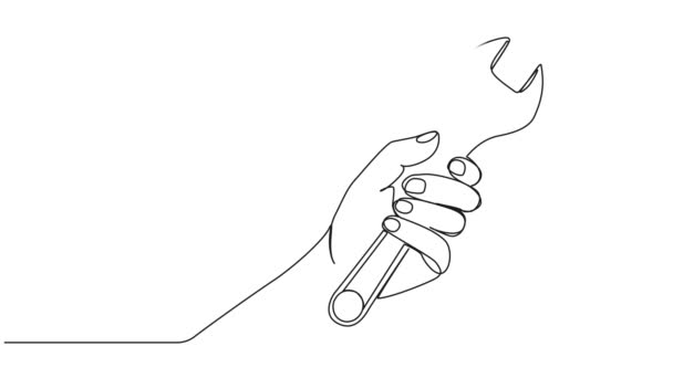 Animated Continuous Single Line Drawing Hand Holding Adjustable Wrench Line — Stock Video