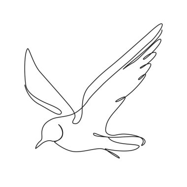Uçan bir martının kesintisiz tek çizgi çizimi, çizgi sanat vektörü çizimi