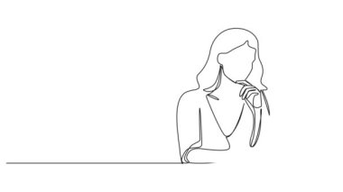 Dizüstü bilgisayar ve çizgi çizimleri kullanan tek satırlı kadın çizimi.