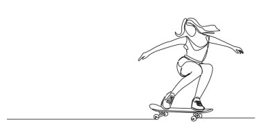 Kaykaydaki genç bir kadının sürekli tek çizgi çizimi, çizgi sanat vektörü çizimi