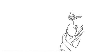 Animasyonlu tek çizgi halinde anne, yeni doğmuş bebeğini kucağında tutuyor, çizgi halinde sanat animasyonu.