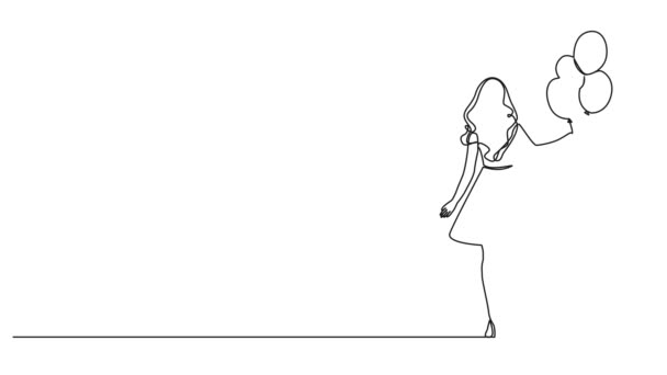 Dibujo Animado Continuo Una Sola Línea Mujer Joven Con Globos — Vídeos de Stock