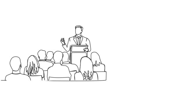 ビジネス会議 ラインアートアニメーションでの基調講演者と聴衆のアニメーション連続シングルライン描画 — ストック動画