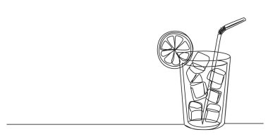 Buz küpleri ve samanla içilen soğuk bardakta sürekli soğuk içecek çizimi, çizgi sanat vektörü çizimi