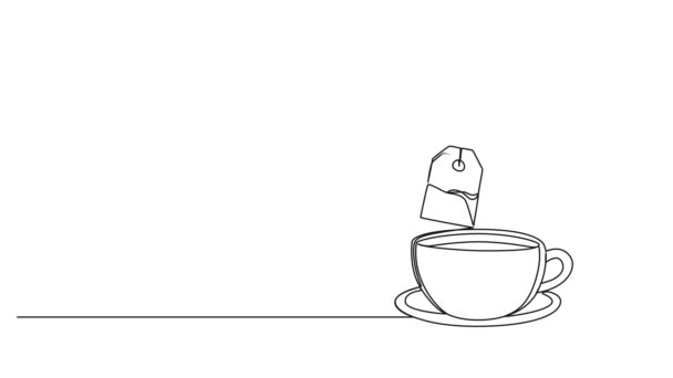 お茶のカップの上にティーバッグを保持するアニメーション連続シングルライン図 ラインアートアニメーション — ストック動画